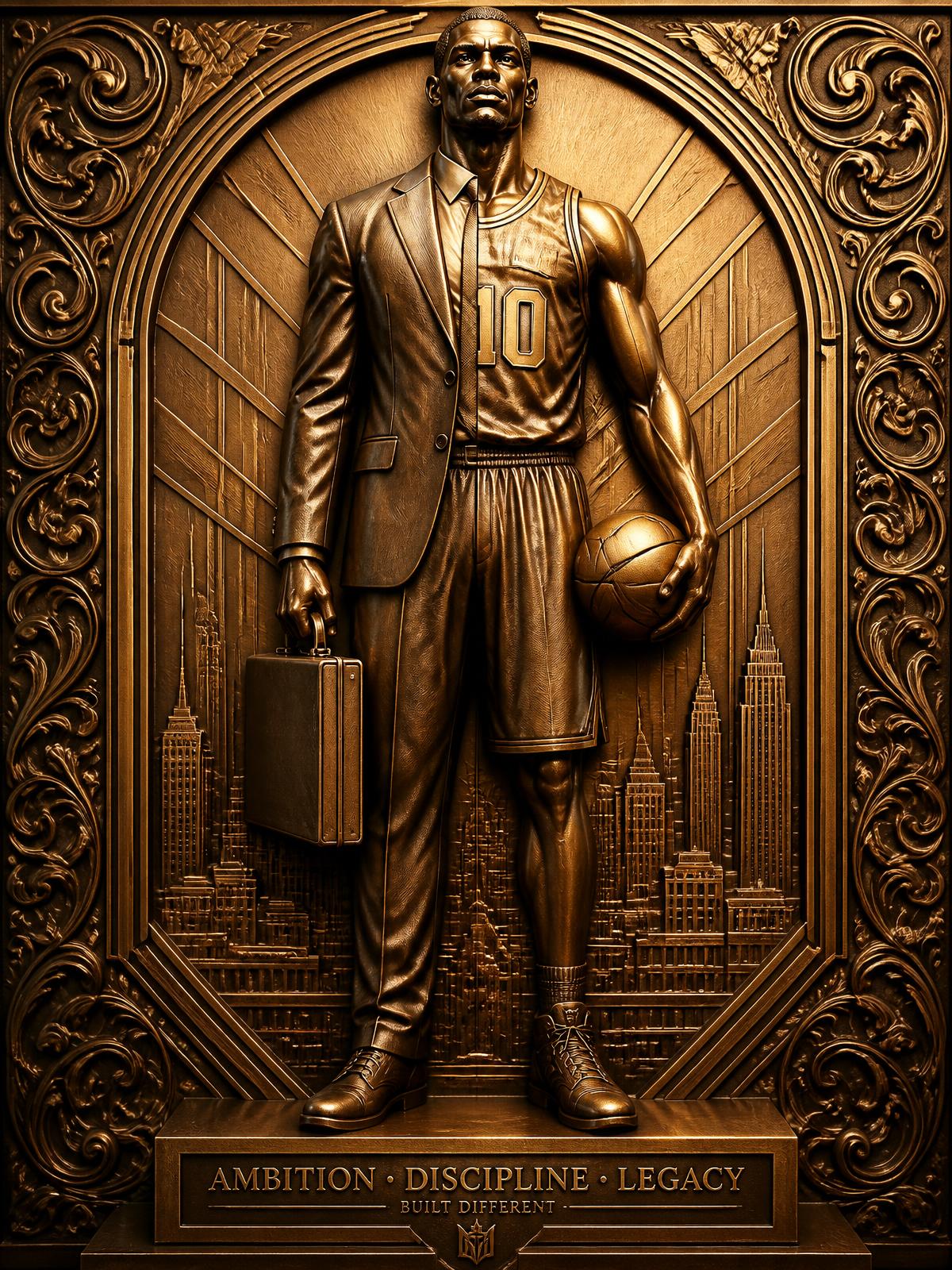Bronze sculpture of a basketball player in suit and jersey holding a basketball and briefcase